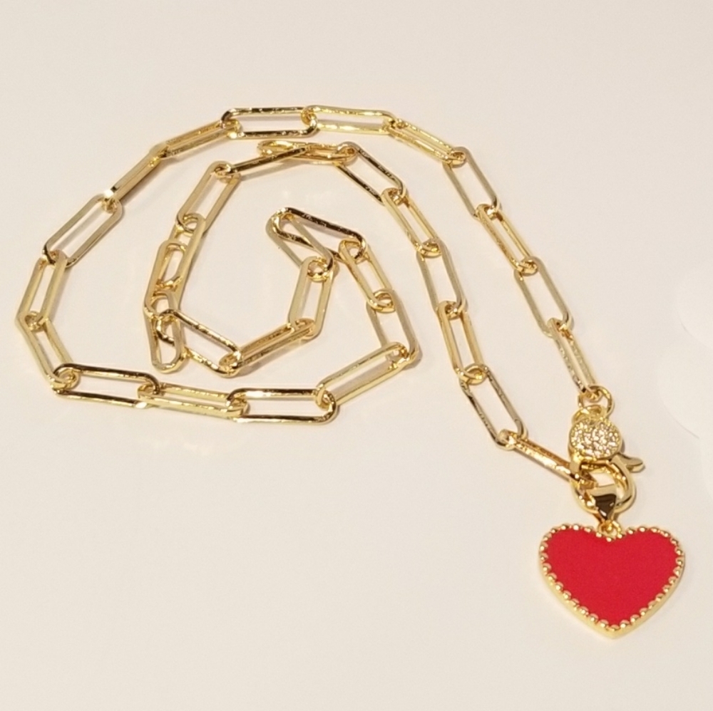 Red Enamel Heart Gold Paperclip Chain Necklace - Picture 2 of 7